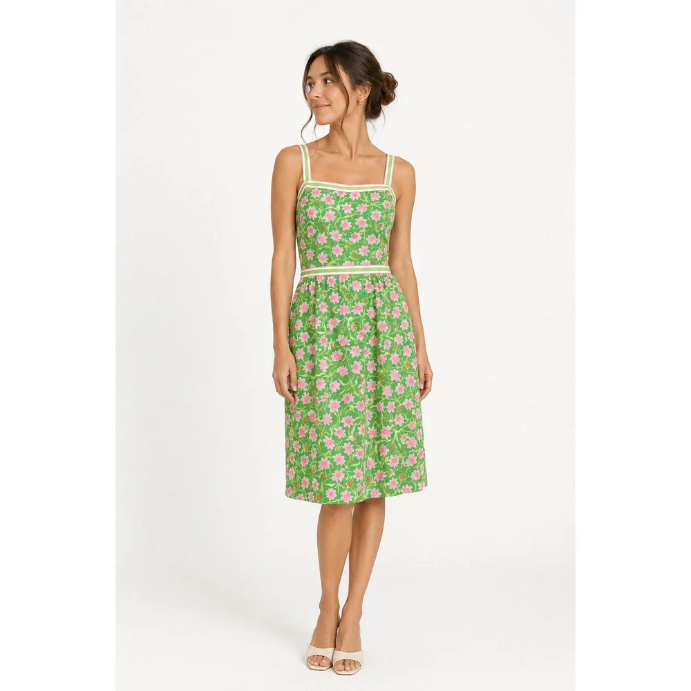 VTG Liza by Lilly Pulitzer Vintage Floral Sundress Green Pink Striped Trim 9/10 - Picture 1 of 8